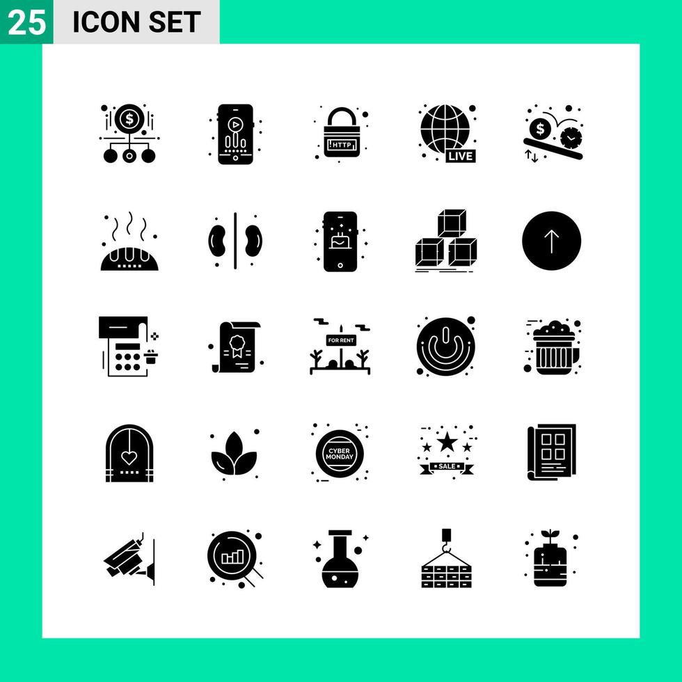 Packung mit 25 Solid-Style-Icon-Sets Glyph-Symbole für den Druck kreativer Zeichen isoliert auf weißem Hintergrund 25 Icon-Set vektor