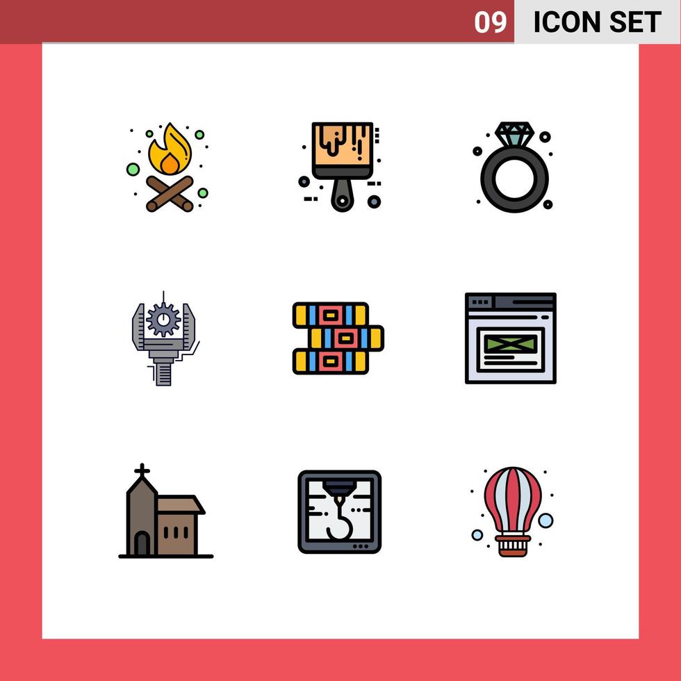 Gruppe von 9 modernen Filledline-Flachfarben für editierbare Vektordesign-Elemente der Notebook-Robotik-Schmuckproduktionsindustrie vektor