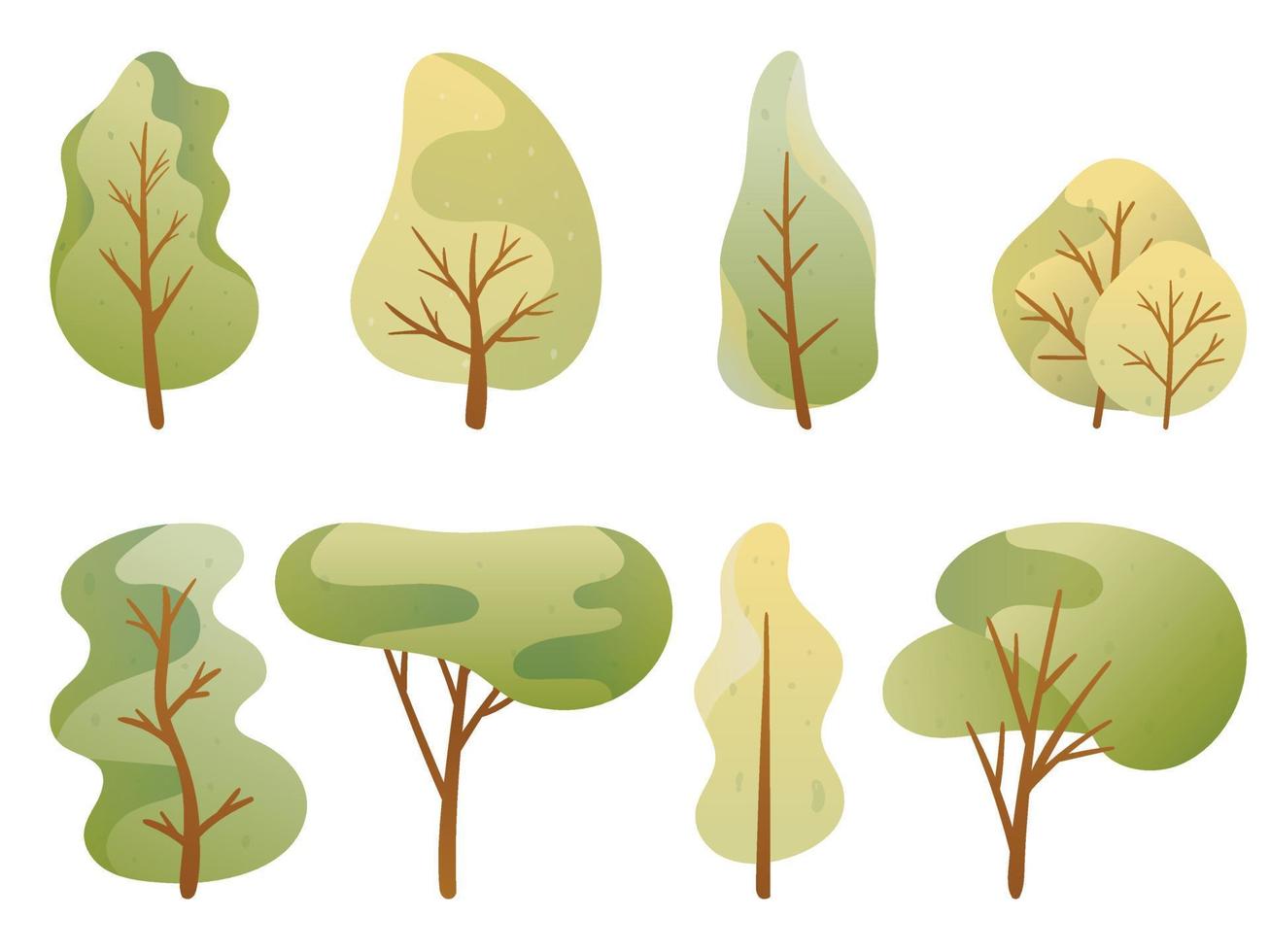 Reihe von Cartoon-Bäumen in einer grünen Palette. Crohn und Laub in verschiedenen Formen. vektor