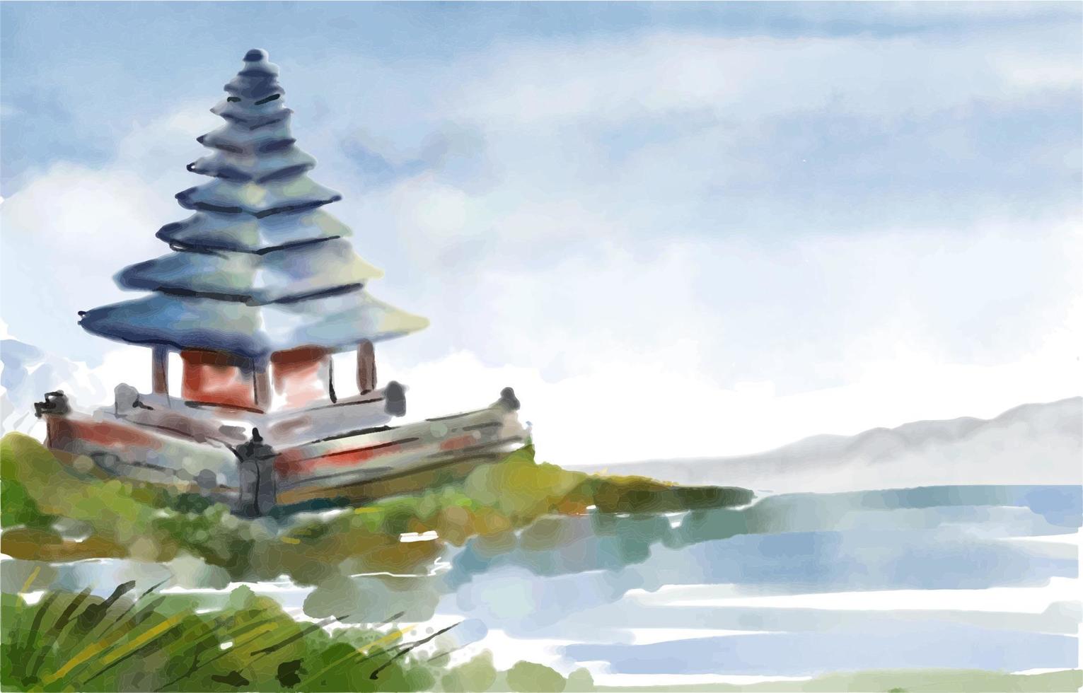 Bedugul Bali Landschaft Aquarell Hintergrund. vektor