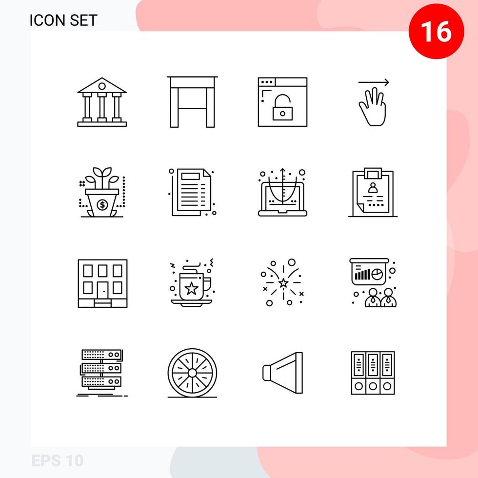 modern uppsättning av 16 konturer pictograph av investering rätt browser upp hand redigerbar vektor design element