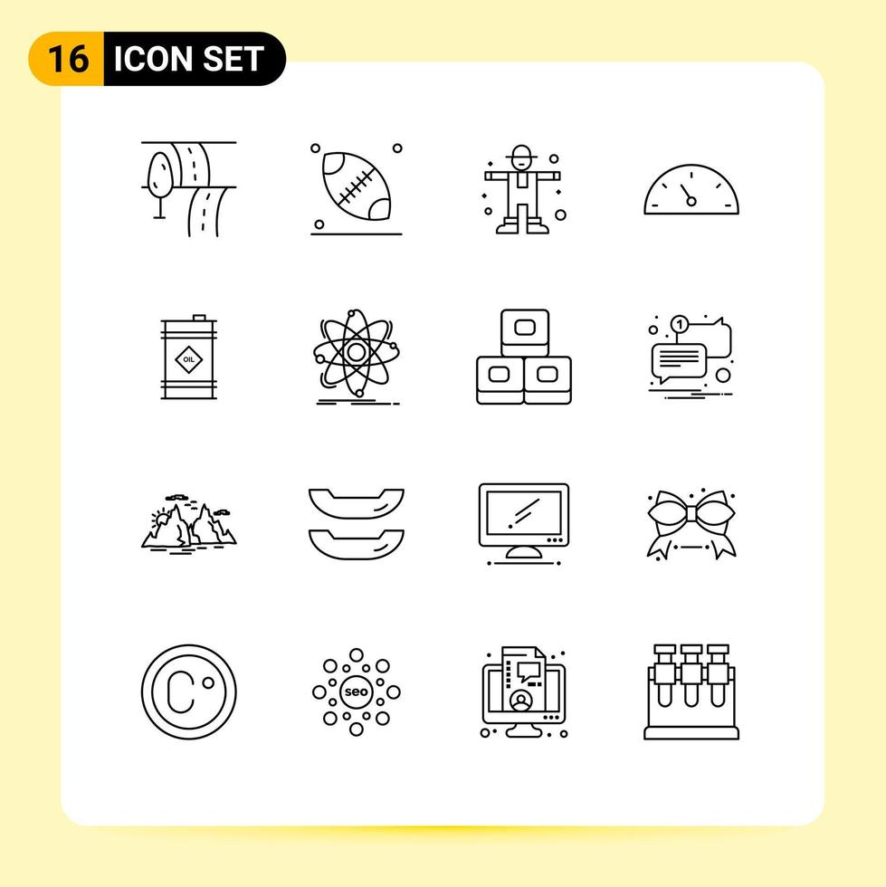 Gliederungspackung mit 16 universellen Symbolen für Atomölfass ländliche Ölgeschwindigkeit editierbare Vektordesign-Elemente vektor