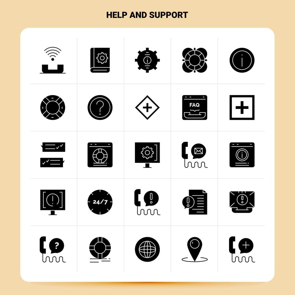 Solide 25 Hilfe- und Support-Icon-Set Vektor-Glyphen-Stil-Design Schwarze Icons Set Web- und Mobile-Business-Ideen-Design-Vektor-Illustration vektor