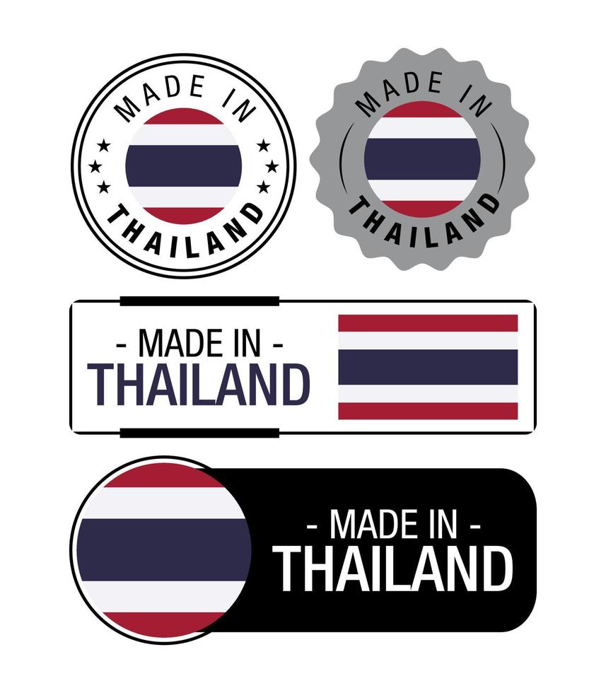 uppsättning av tillverkad i thailand etiketter, logotyp, thailand flagga, thailand produkt emblem vektor