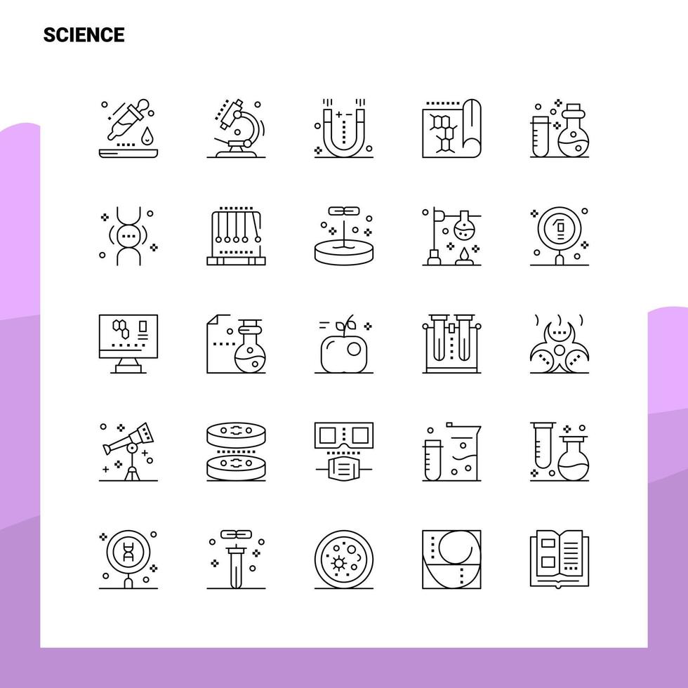 Satz von Wissenschaftsliniensymbolen Set 25 Symbole Vektor Minimalismus Stil Design schwarze Symbole setzen lineares Piktogrammpaket