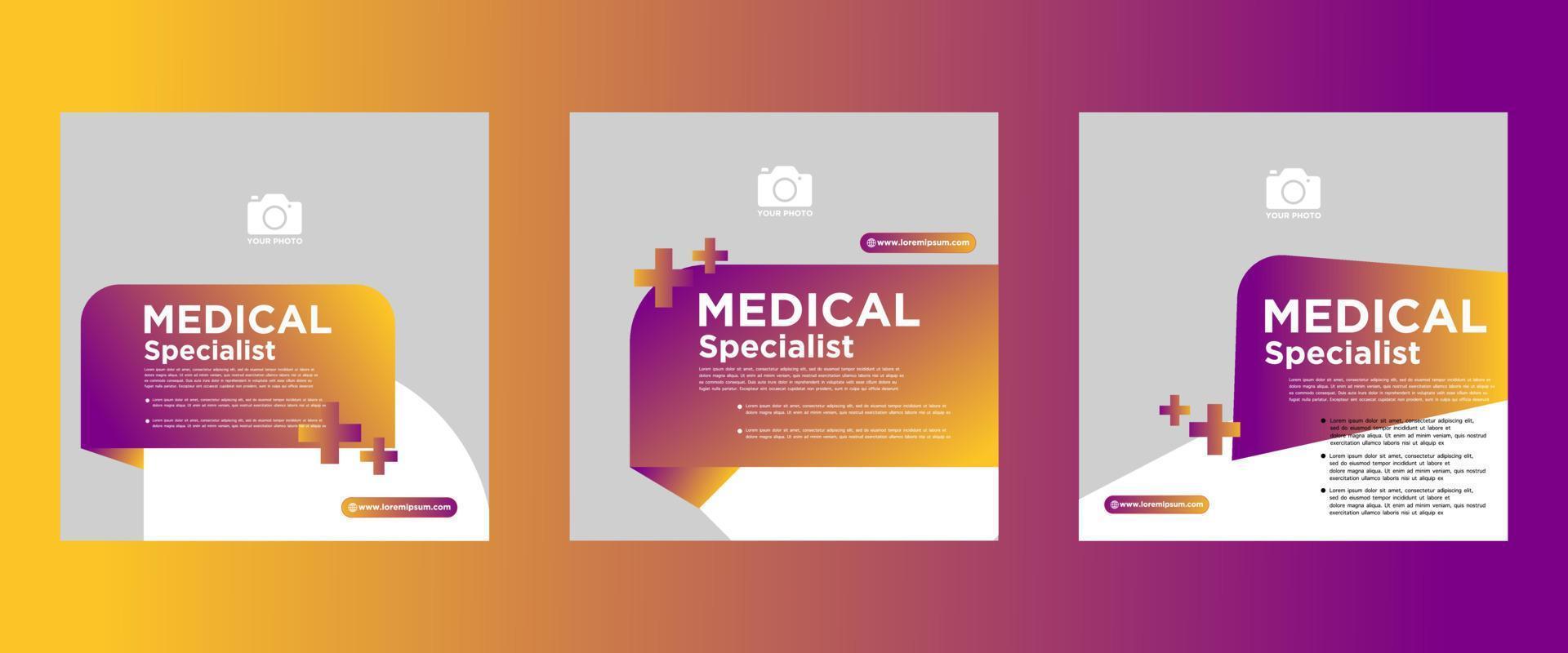 medicinsk och sjukvård fyrkant baner mall design. vit bakgrund med former. perfekt för social media inlägg, och webb annonser. vektor