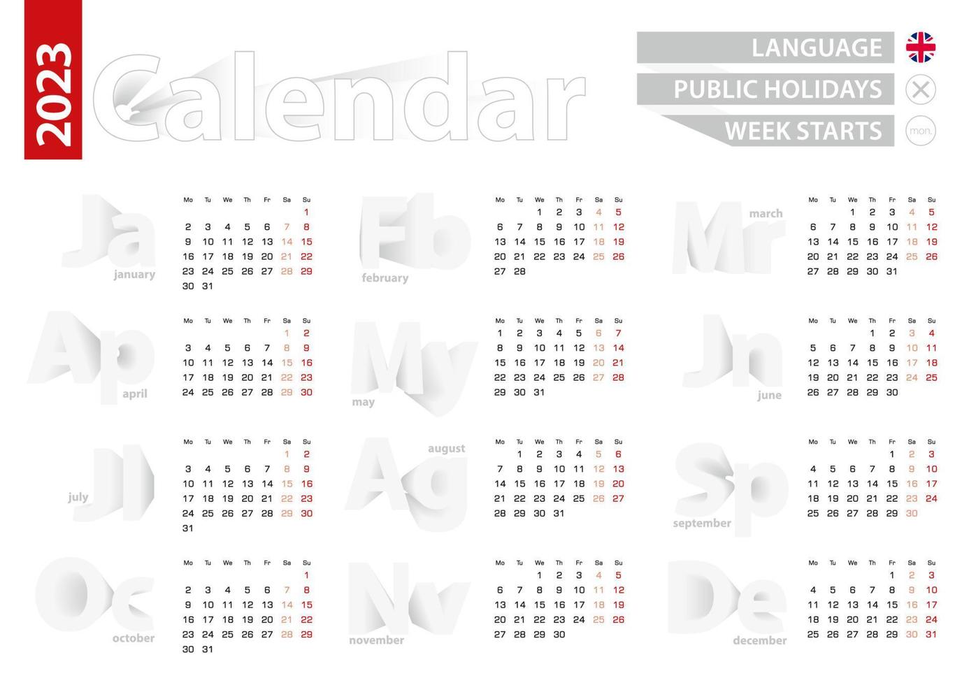 kalender för 2023 år i engelsk språk, grå vektor kalender