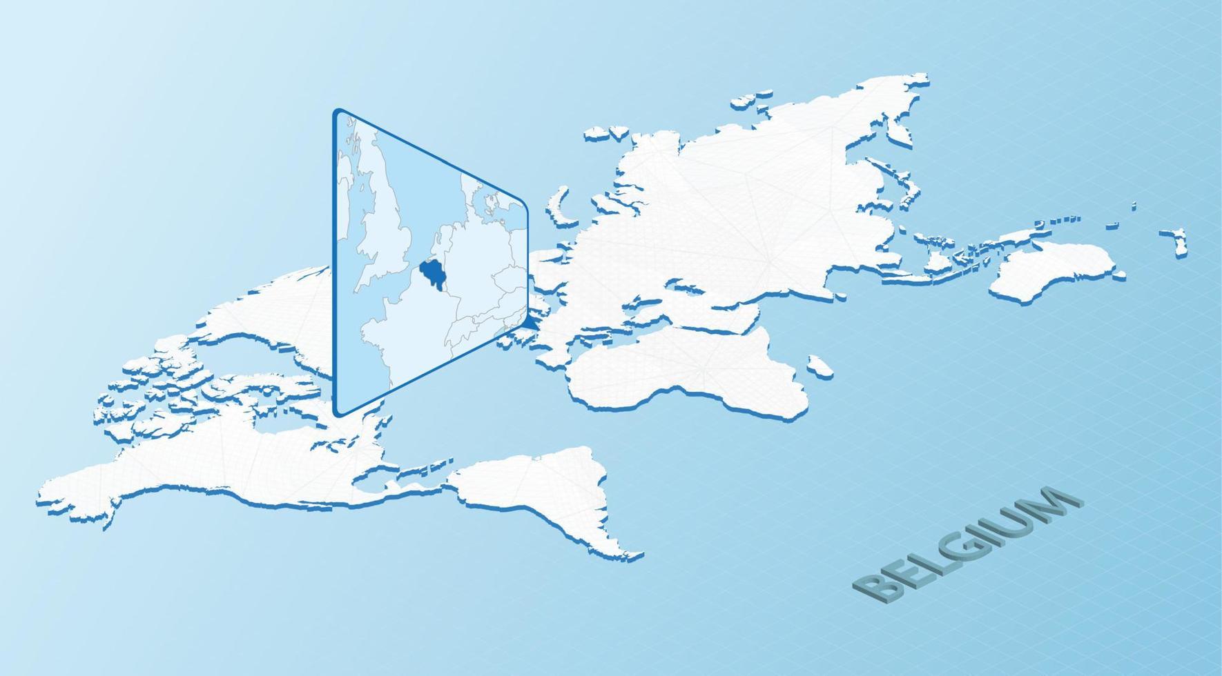 Weltkarte im isometrischen Stil mit detaillierter Karte von Belgien. hellblaue belgienkarte mit abstrakter weltkarte. vektor