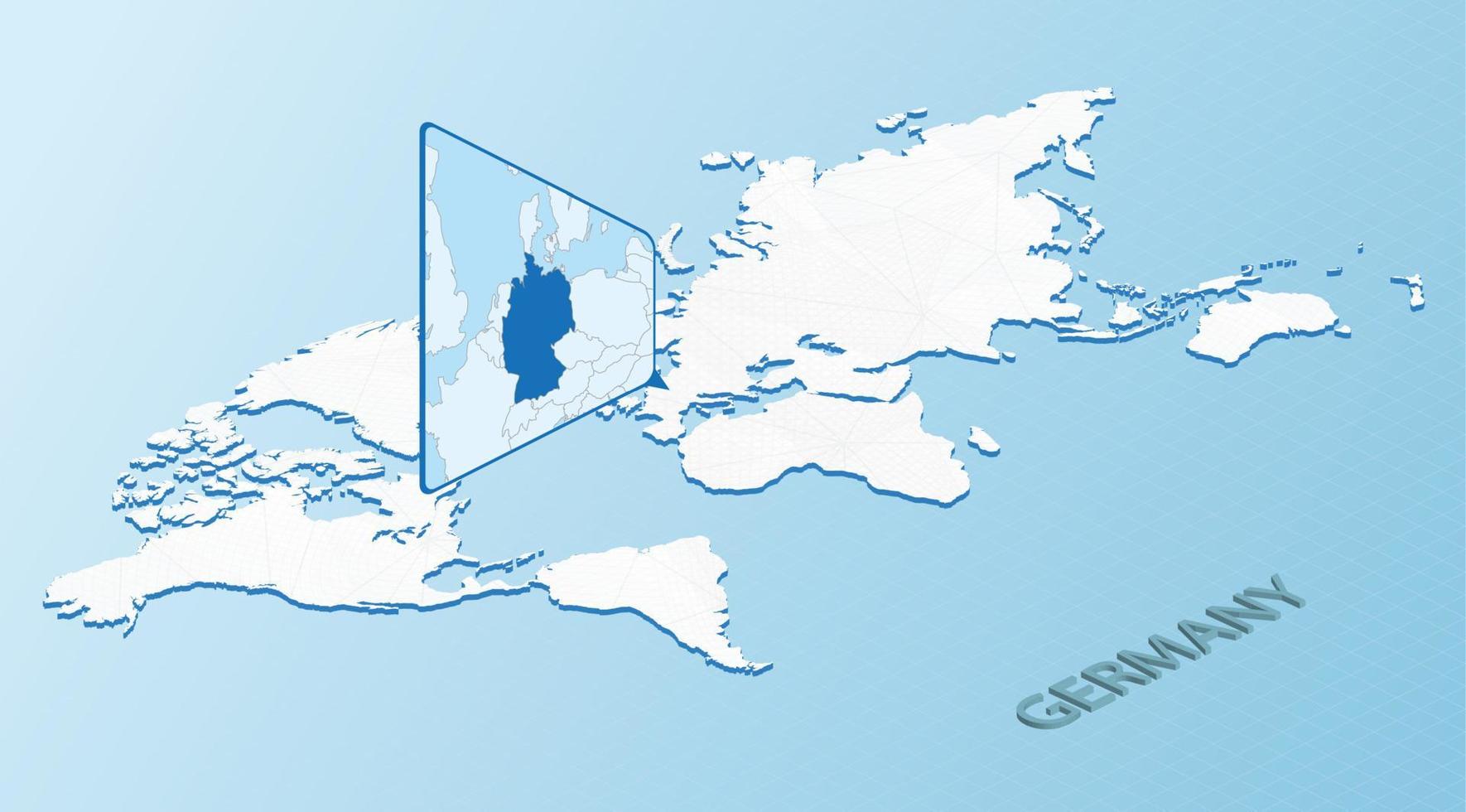 weltkarte im isometrischen stil mit detaillierter karte von deutschland. hellblaue deutschlandkarte mit abstrakter weltkarte. vektor