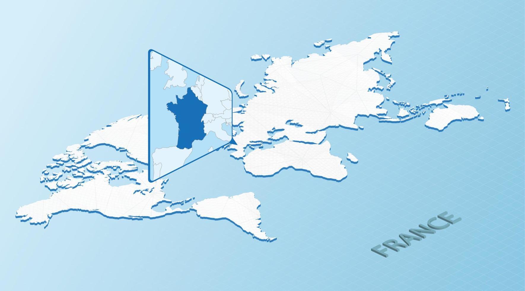 värld Karta i isometrisk stil med detaljerad Karta av Frankrike. ljus blå Frankrike Karta med abstrakt värld Karta. vektor