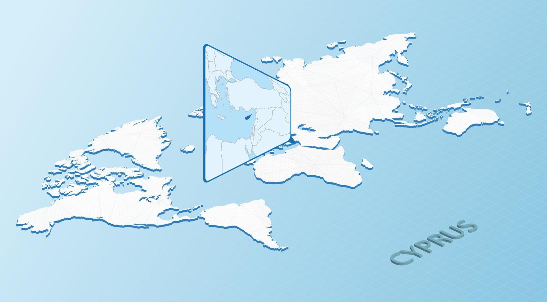 värld Karta i isometrisk stil med detaljerad Karta av Cypern. ljus blå cypern Karta med abstrakt värld Karta. vektor