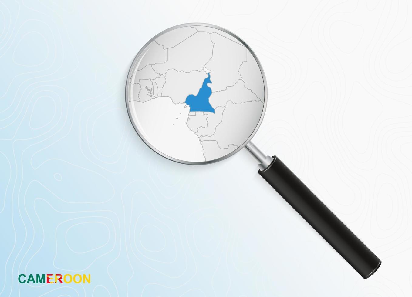 Lupe mit Karte von Kamerun auf abstraktem topografischem Hintergrund. vektor
