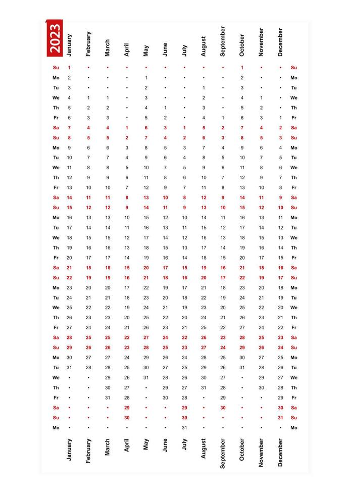 einreihiger vertikaler kalender 2023, sonntag erster tag der woche. vektor