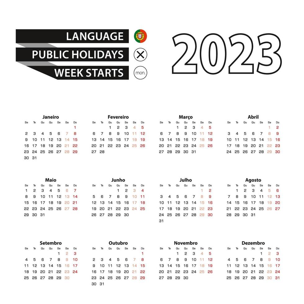 kalender 2023 i portugisiska språk, vecka börjar på måndag. vektor