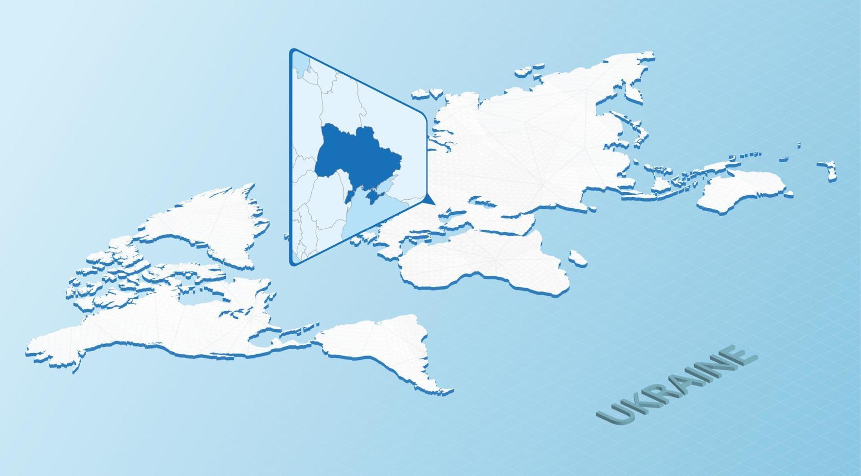 värld Karta i isometrisk stil med detaljerad Karta av ukraina. ljus blå ukraina Karta med abstrakt värld Karta. vektor