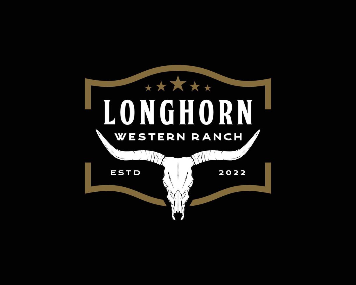 texas longhorn kuh, ländliches westliches bullenvieh vintage label logo design für familienbauernhof auf dem land vektor