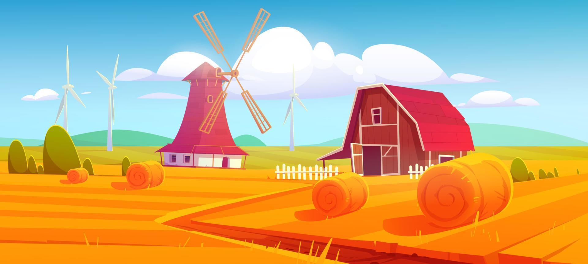 Windmühle und Scheune auf ländlichem Hintergrund der Bauernhofnatur vektor