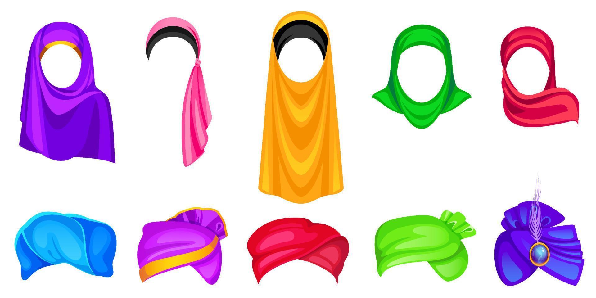uppsättning av turban och hijab huvudbonader för män och kvinnor vektor