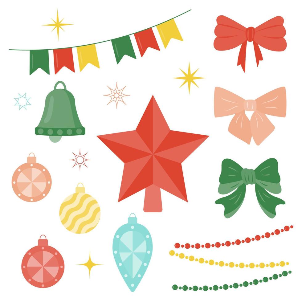 vektor uppsättning av jul träd leksaker och kransar - bollar, klocka, pilbågar, krona stjärna, flaggor.
