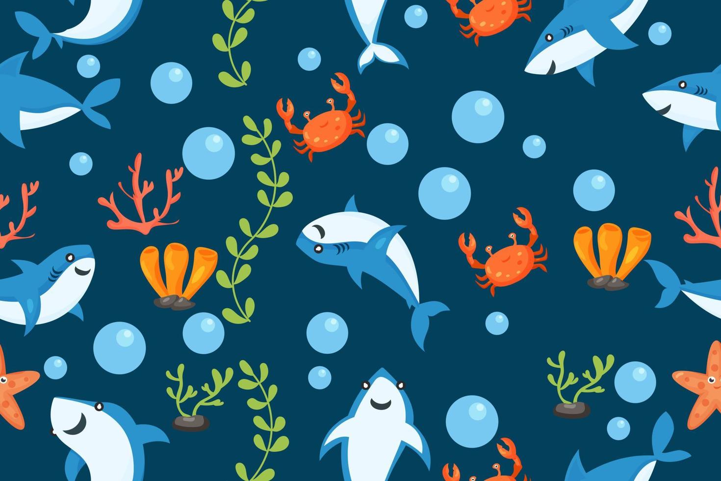 Druckhaie-Muster. Cartoon-Hai, Algendruck. Sea Wildlife, Unterwasserwelt Vektor nahtlose Textur