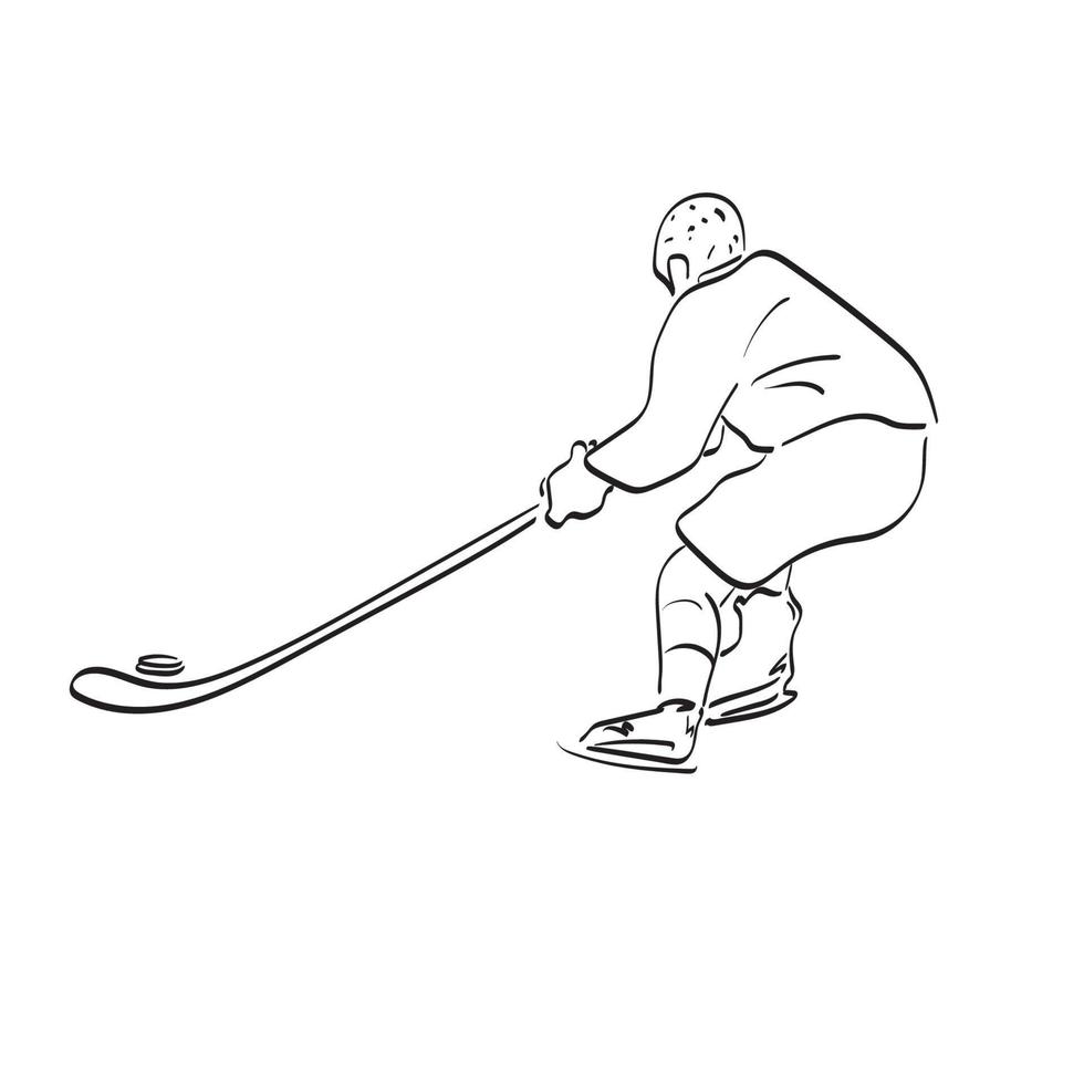 Linie Kunstrückansicht des männlichen Spielers, der Hockey auf Eisillustrationsvektorhand spielt, die lokalisiert auf weißem Hintergrund gezeichnet wird vektor