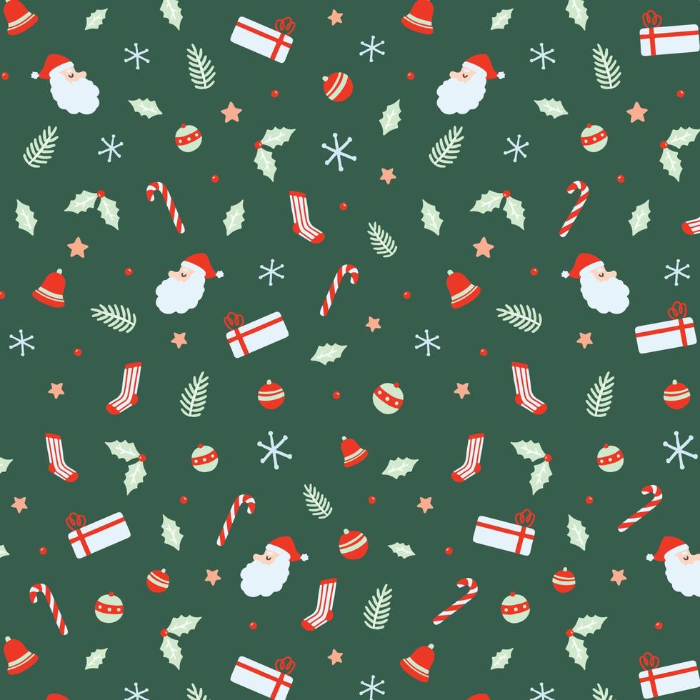 weihnachtsnahtloses muster mit weihnachtsmann, glocken, weihnachtskugel, zuckerstangen, geschenk, socken, weihnachtsblatt, zweig weihnachten handgezeichnete vektorillustration vektor