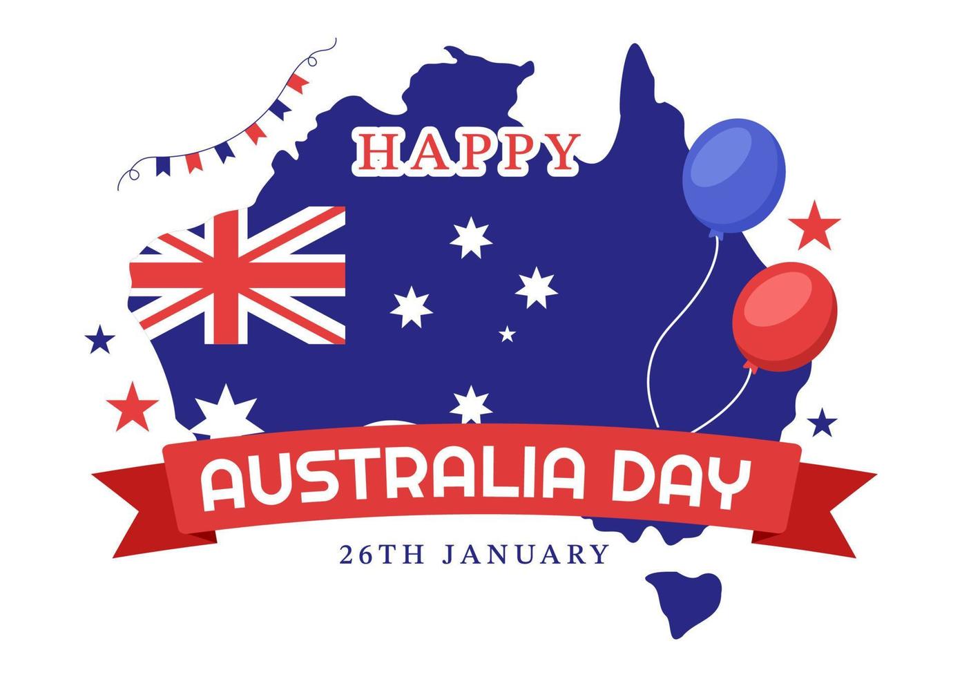 glücklicher australien-tag, der jedes jahr am 26. januar mit flaggen und karte zur vielfalt der völker in flacher hand gezeichneter schablonenillustration der karikatur begangen wird vektor