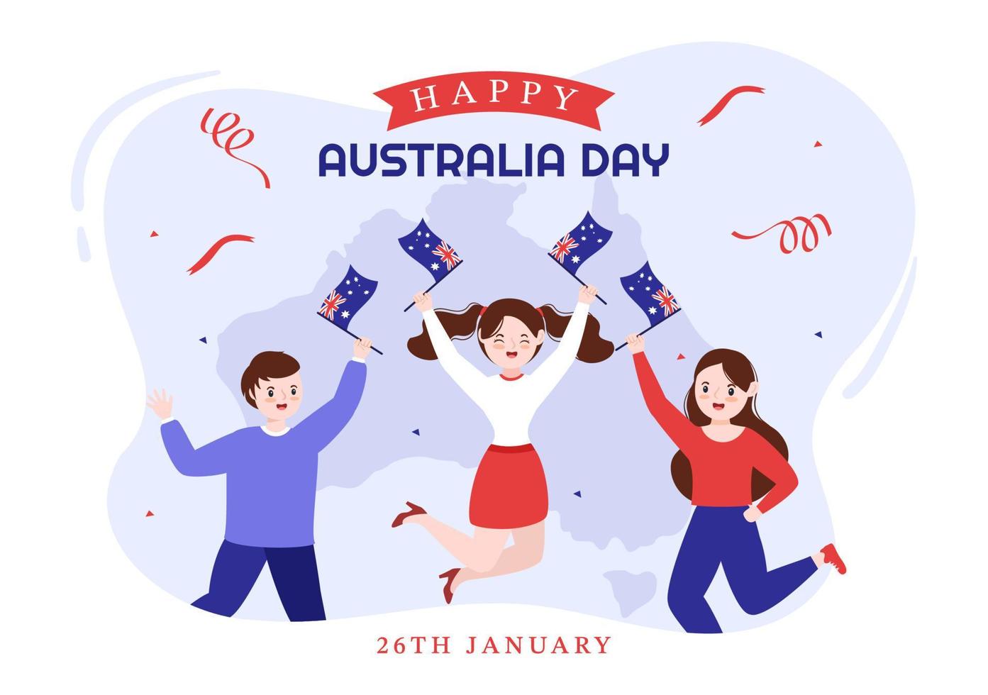 Lycklig Australien dag observerats varje år på januari 26: e med flaggor och Karta till mångfald av människors i platt tecknad serie hand dragen mall illustration vektor