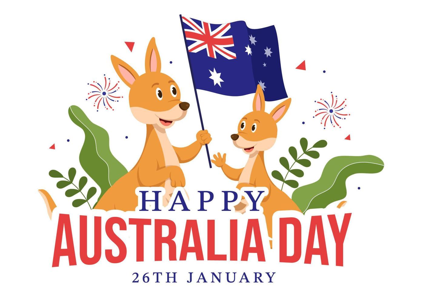 glücklicher australien-tag, der jedes jahr am 26. januar mit flaggen und kängurus in flacher hand gezeichneter schablonenillustration der karikatur begangen wird vektor