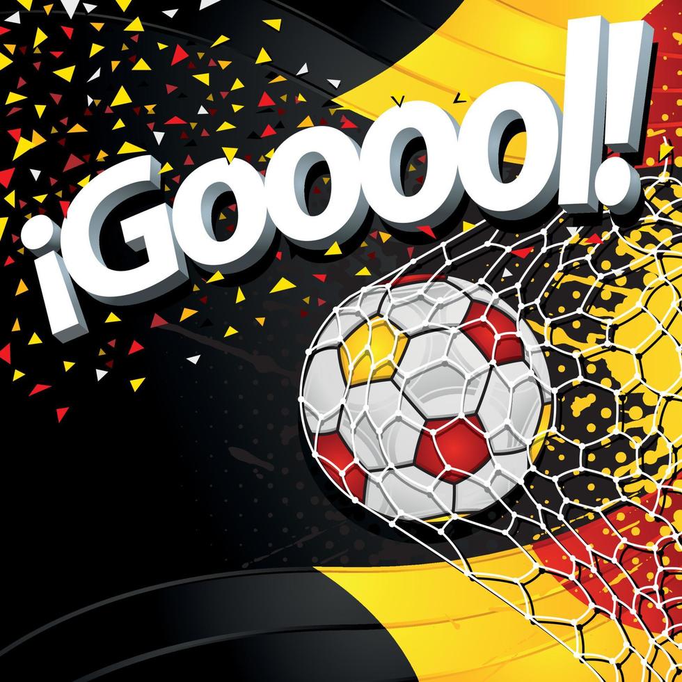Wort Gooool neben einem Fußball, der ein Tor vor einem Hintergrund aus belgischen Flaggen und schwarzem, gelbem und rotem Konfetti erzielt. Vektorbild vektor