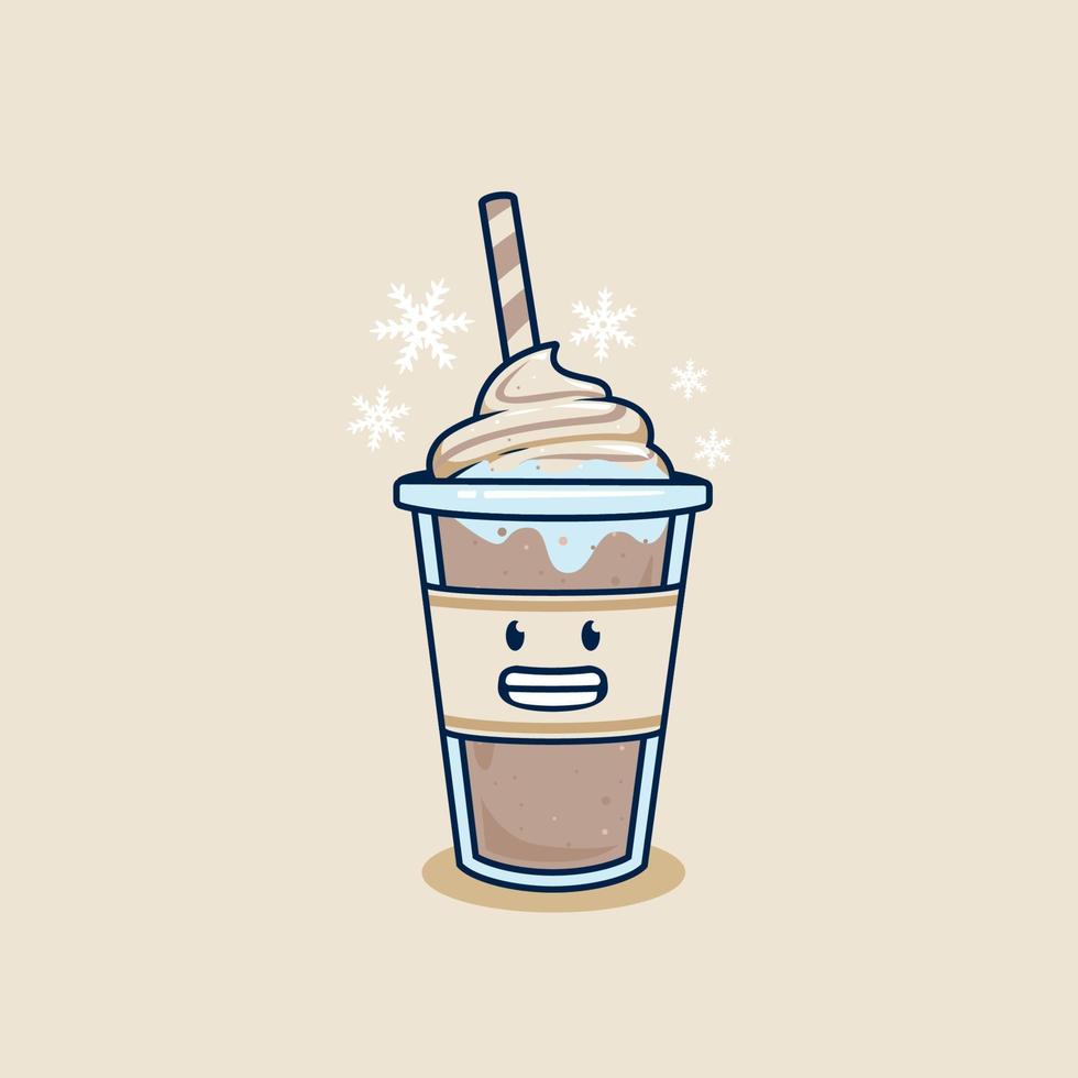 kall frysning choklad milkshake i hämtmat kopp med piska grädde garnering illustration. is frappe kaffe i plast kopp illustration maskot tecknad serie karaktär vektor