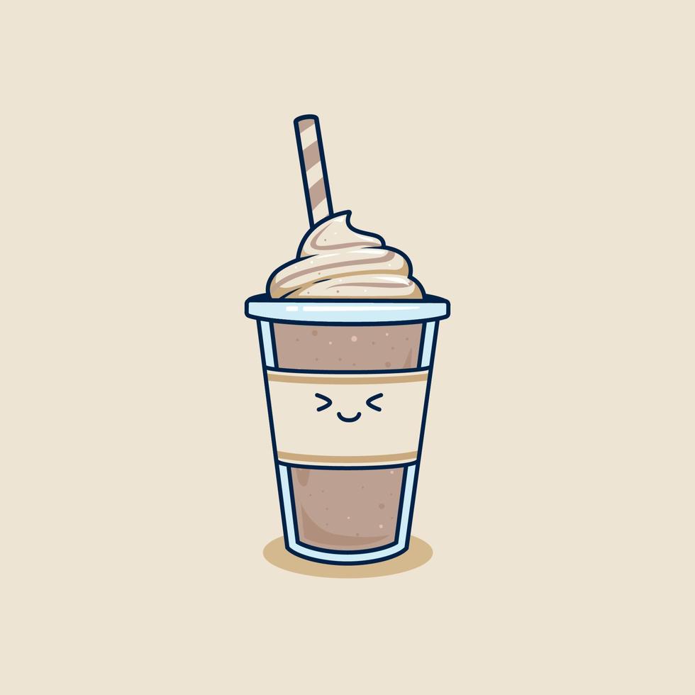 glücklicher süßer schokoladenmilchshake im mitnehmerbecher mit schlagsahne-topping-illustration. frappe-kaffee im plastikbecherillustrations-maskottchen-emoji-charakter vektor