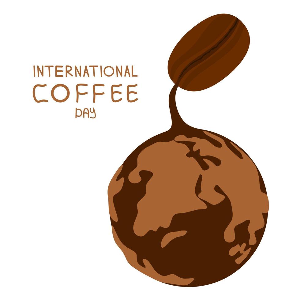 vektorillustration des internationalen kaffeetages. Globus-Konzept mit Kaffeebohnen auf weißem Hintergrund übergossen. vektor