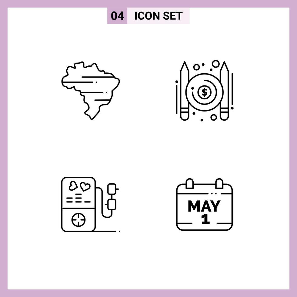 Stock Vector Icon Pack mit 4 Zeilenzeichen und Symbolen für Brasilien Hochzeitsartikel Autor Datum editierbare Vektordesign-Elemente