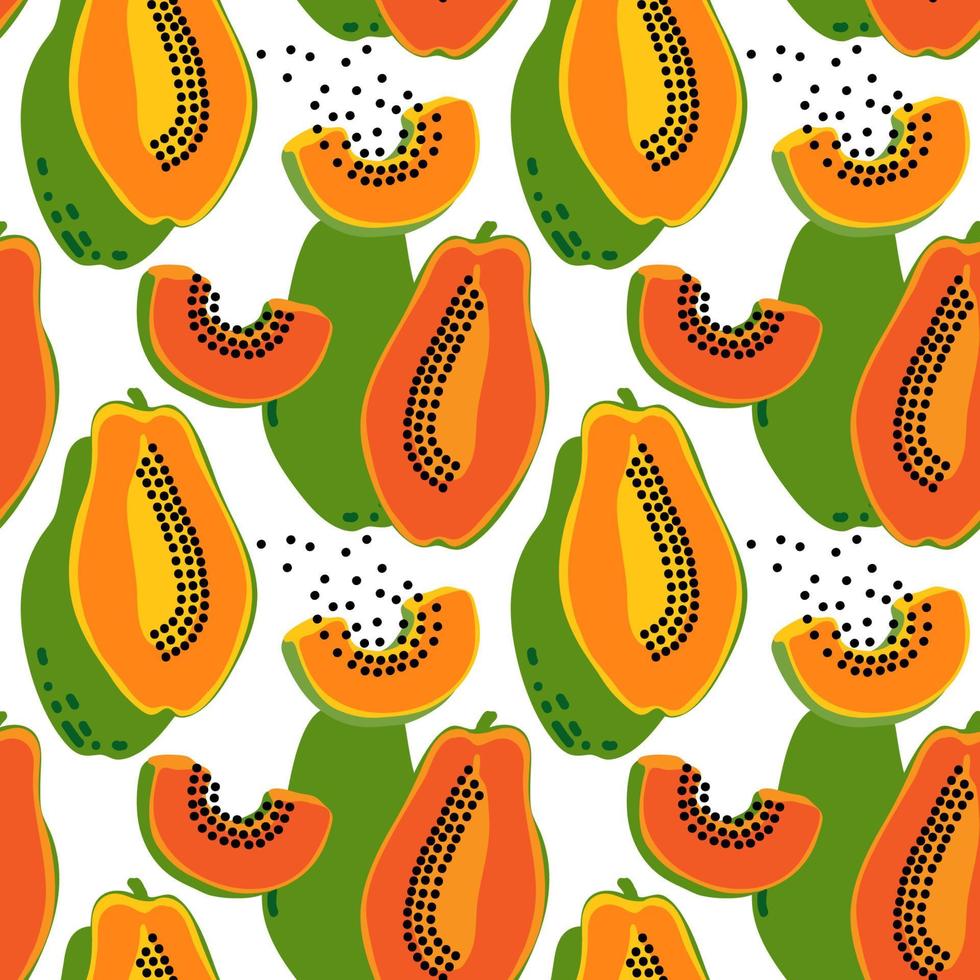 vektor sömlös mönster med frukter. färgrik hand dragen minimalistisk bakgrund. papaya halvor med löv bakgrund.