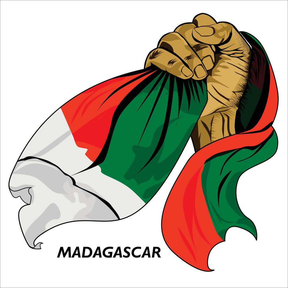 fisted hand hält madagassische flagge. Vektorillustration der angehobenen Hand, die die Flagge ergreift. Flagge um die Hand drapiert. skalierbares eps-Format vektor