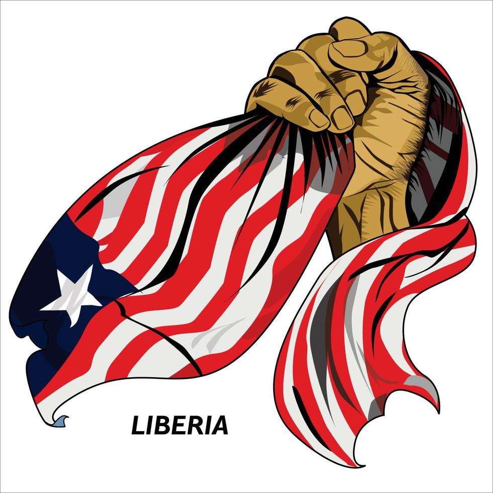 Fausthand, die liberianische Flagge hält. Vektorillustration der angehobenen Hand, die die Flagge ergreift. Flagge um die Hand drapiert. skalierbares eps-Format vektor