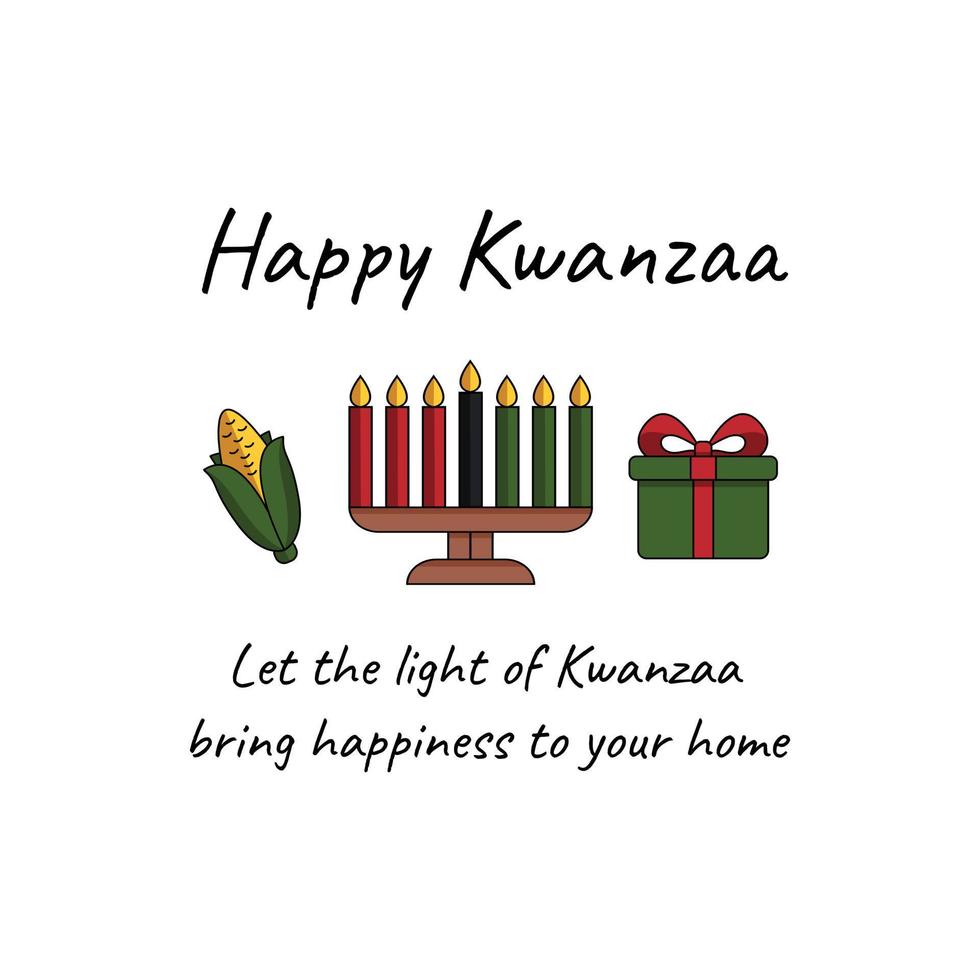 Lycklig kwanzaa minimalistisk hälsning kort med kinara sju ljus, majs och gåva låda. kort meddelande, önskar för kwanzaa afrikansk amerikan arv Semester. vektor illustration isolerat på vit.