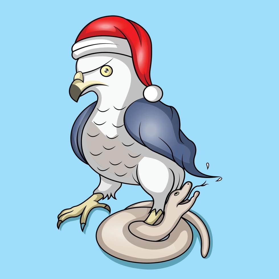Ein Adler mit Weihnachtsmütze hat Probleme, sich um eine Schlange zu wickeln vektor