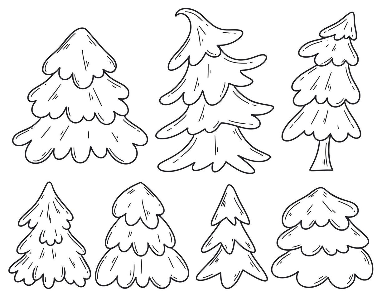 jul träd klotter uppsättning vektor illustration
