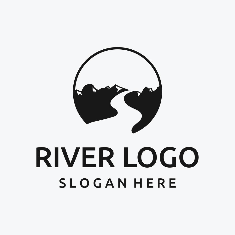 logotyper av floder, bäckar, flodstränder och strömmar. flod logotyp med kombination av bergen och jordbruksmark med begrepp design vektor illustration mall.