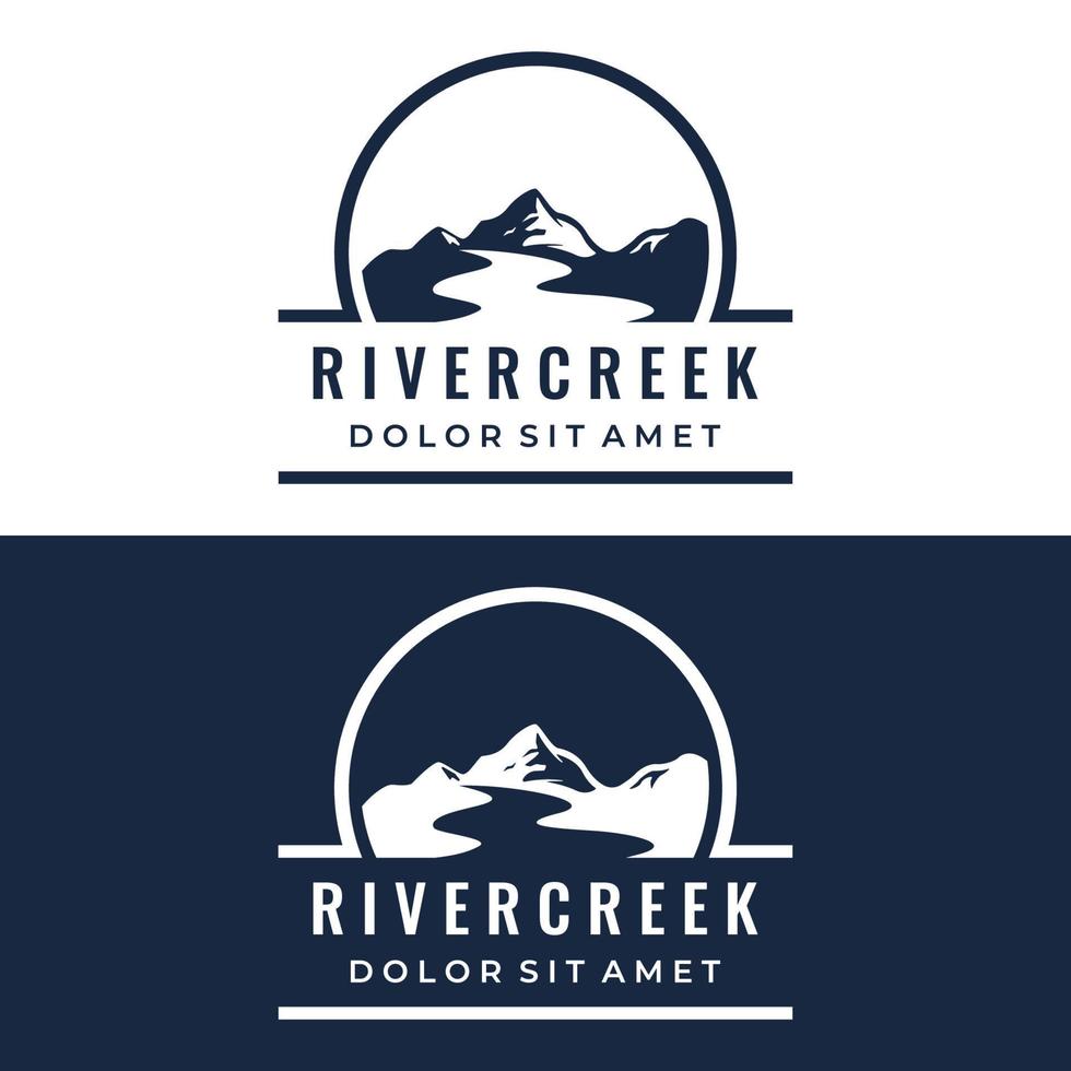 logotyper av floder, bäckar, flodstränder och strömmar. flod logotyp med kombination av bergen och jordbruksmark med begrepp design vektor illustration mall.