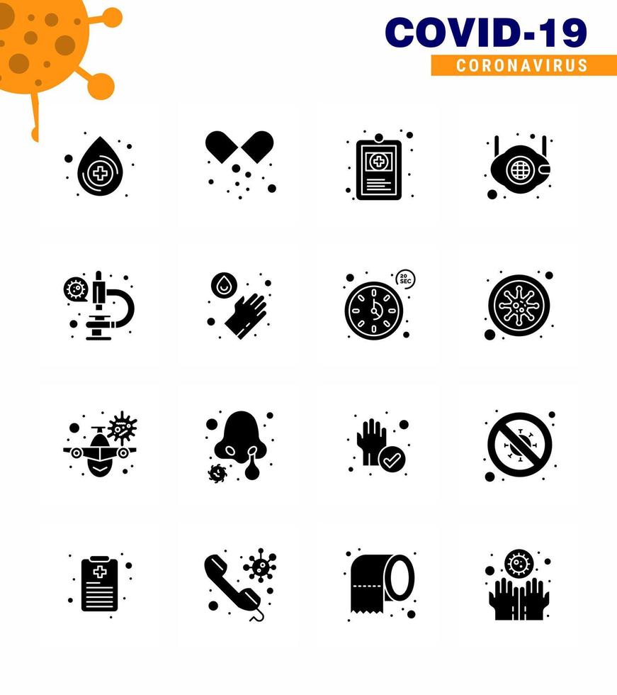 Corona-Virus-Krankheit 16 Solid Glyph Black Icon Pack saugt als Labor-n-Gesundheits-Sicherheitsmaske Virus-Coronavirus 2019nov-Krankheitsvektor-Designelemente vektor