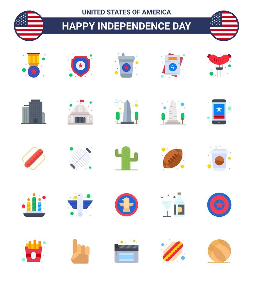 25 USA platt tecken oberoende dag firande symboler av korv mat dryck bröllop kärlek redigerbar USA dag vektor design element