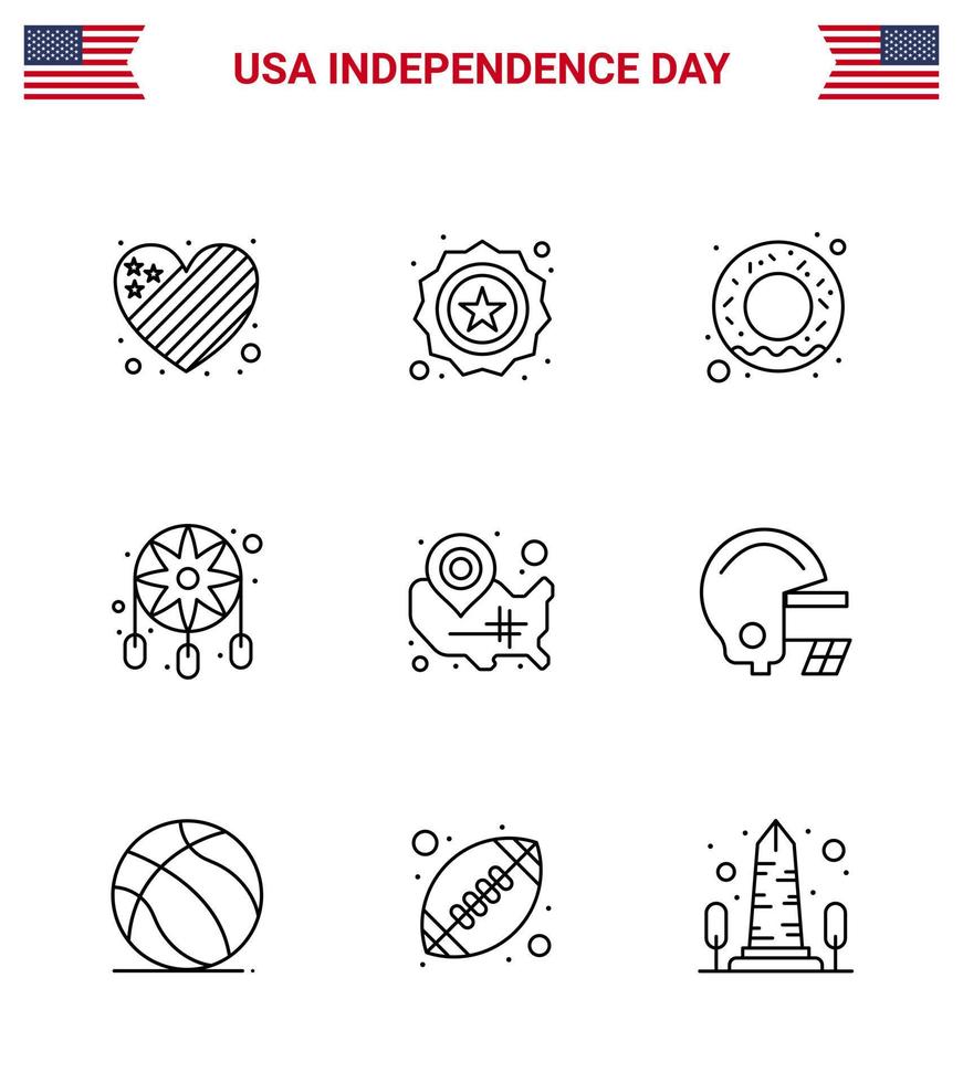 Lycklig oberoende dag 9 rader ikon packa för webb och skriva ut USA Karta munk Västra dekoration redigerbar USA dag vektor design element