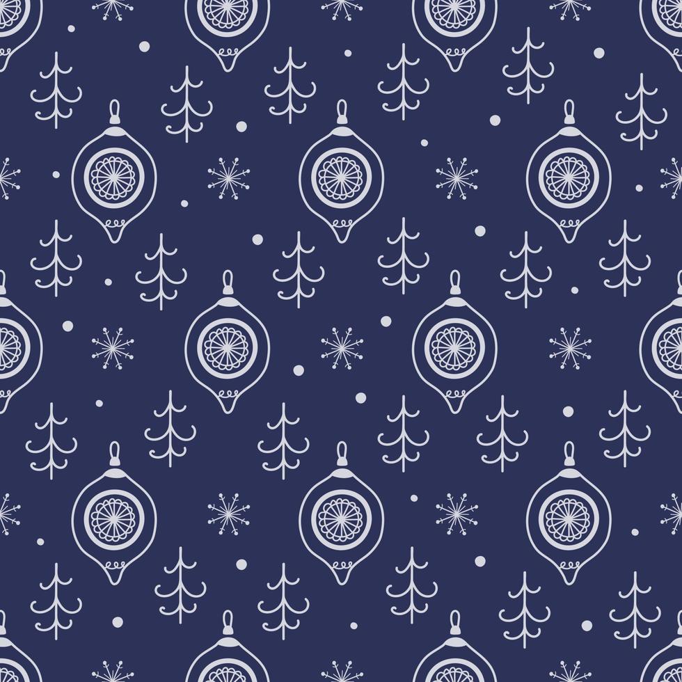 weihnachtsmuster mit neujahrsspielzeug - ball, schneeflocke, baum. Art-Deco-Linienstil auf blauem Hintergrund für Textilien, Geschenkpapier, Grußkarten, Webdesign, Dekoration vektor