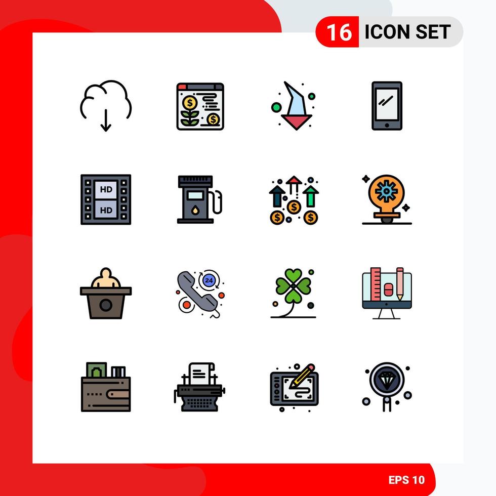 16 universell platt Färg fylld rader uppsättning för webb och mobil tillämpningar filma android pil mobil telefon redigerbar kreativ vektor design element