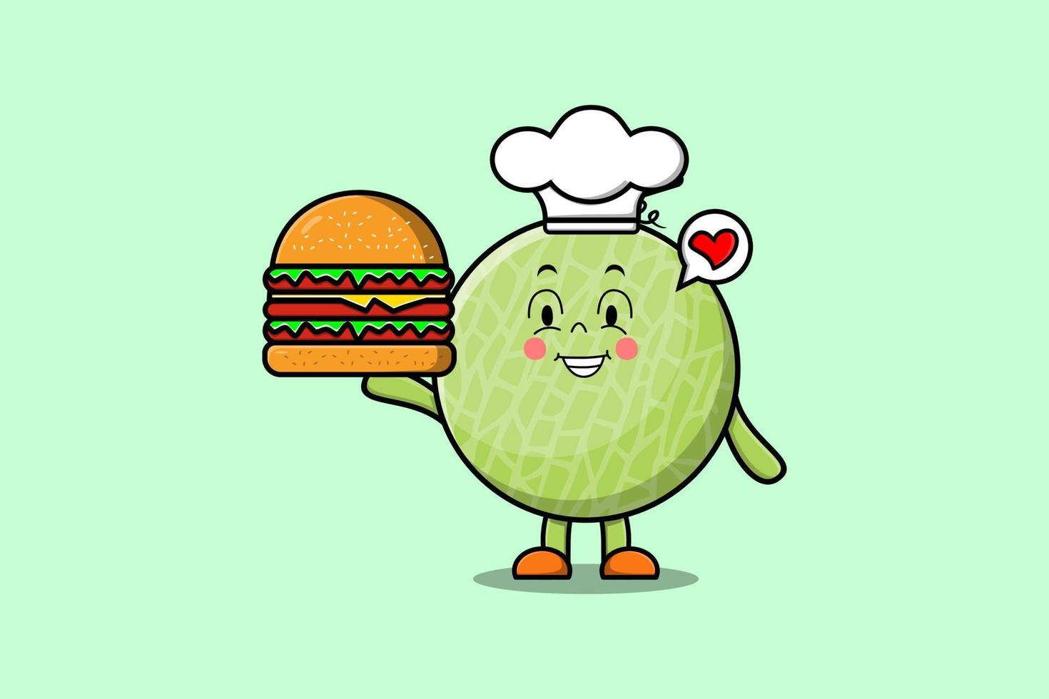 söt tecknad serie melon kock karaktär innehav burger vektor