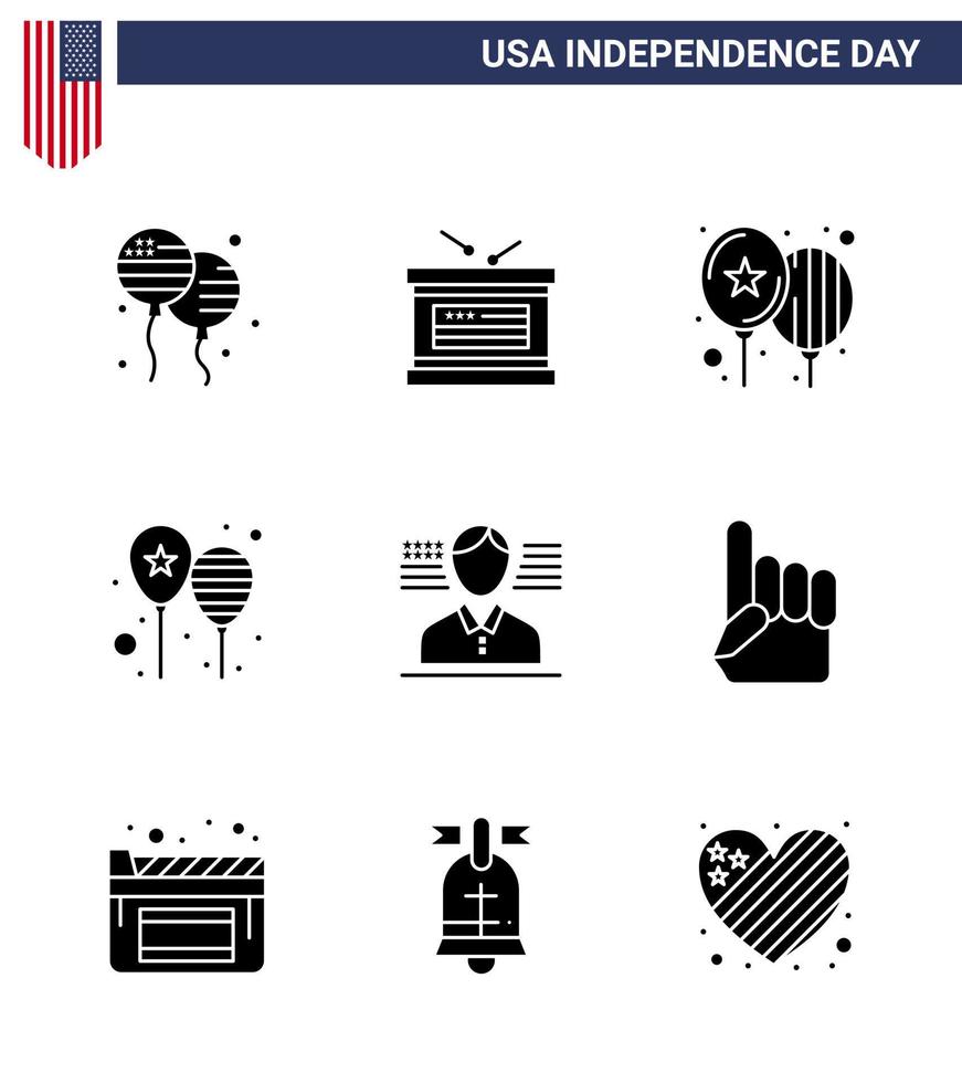 satz von 9 modernen soliden glyphen pack auf usa unabhängigkeitstag mann party luftballons tag luftballons editierbare usa tag vektor design elemente