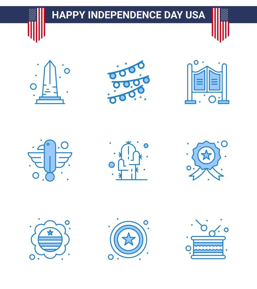 9 USA blå packa av oberoende dag tecken och symboler av kaktus Örn dörr fågel amerikan redigerbar USA dag vektor design element